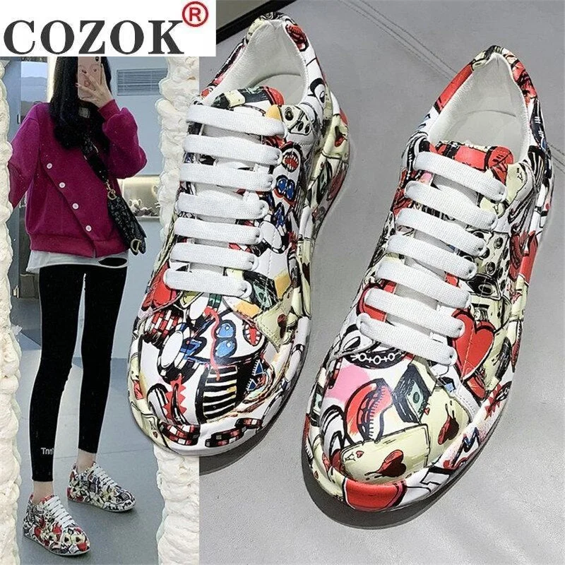 2021 Spring Autumn New Women's Chunky Sneakers Fashion Soft Platform Graffiti Casual Shoes Classic Girls Streetwear Trainers