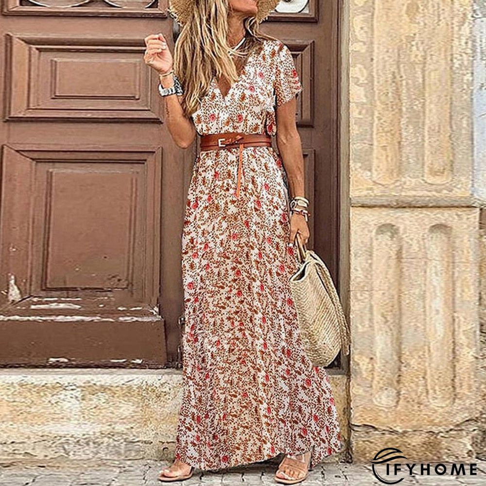Fashionkova  Boho Long Dress For Women Fashion V Neck Short Sleeve Paisley Print Dresses Summer Belt Large Hem Beach Dress Elegant Maxi Dress | IFYHOME
