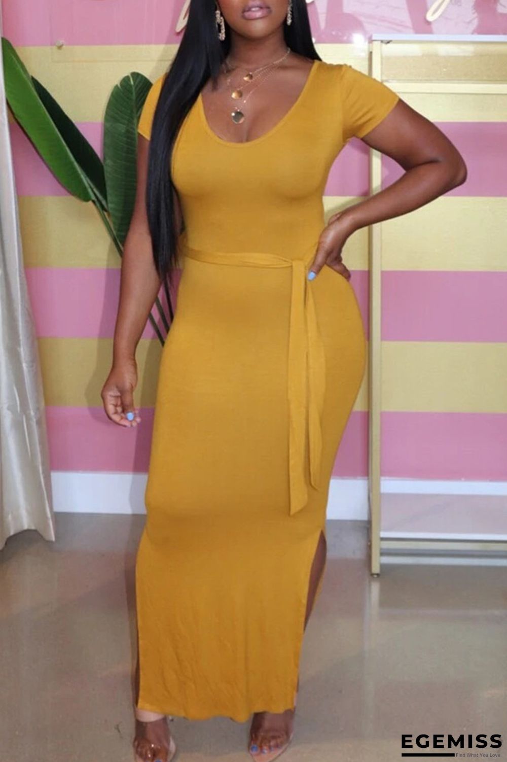 Yellow Fashion Casual Short Sleeve Slim Dress | EGEMISS