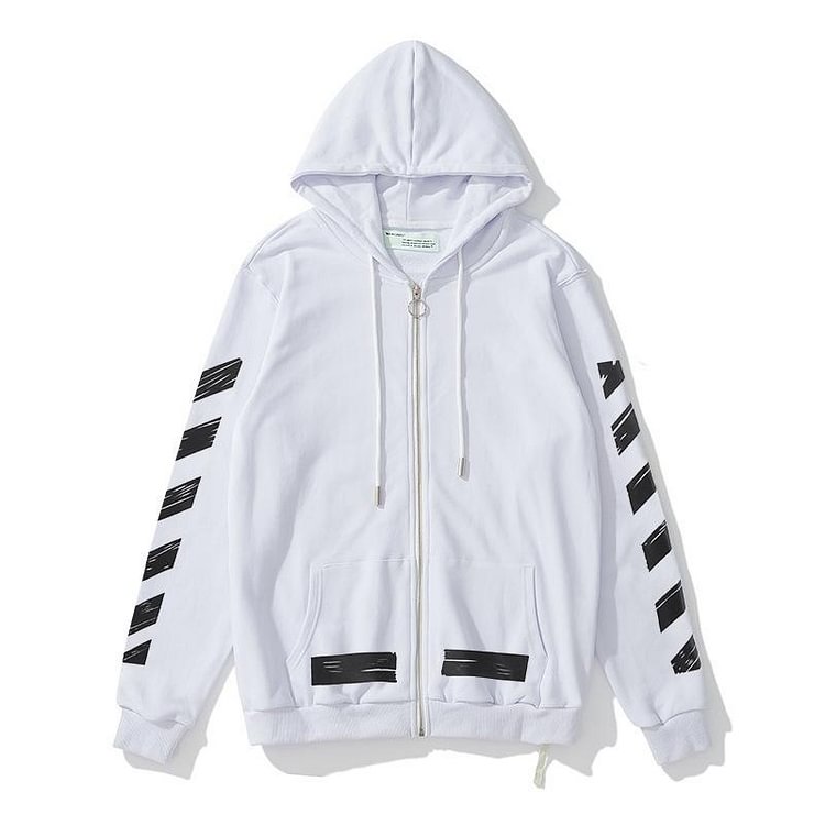 Off White Hoodie Printed Cardigan Zipper Hooded Coat Sweatshirt Plus Size Casual Men's Clothing Owt