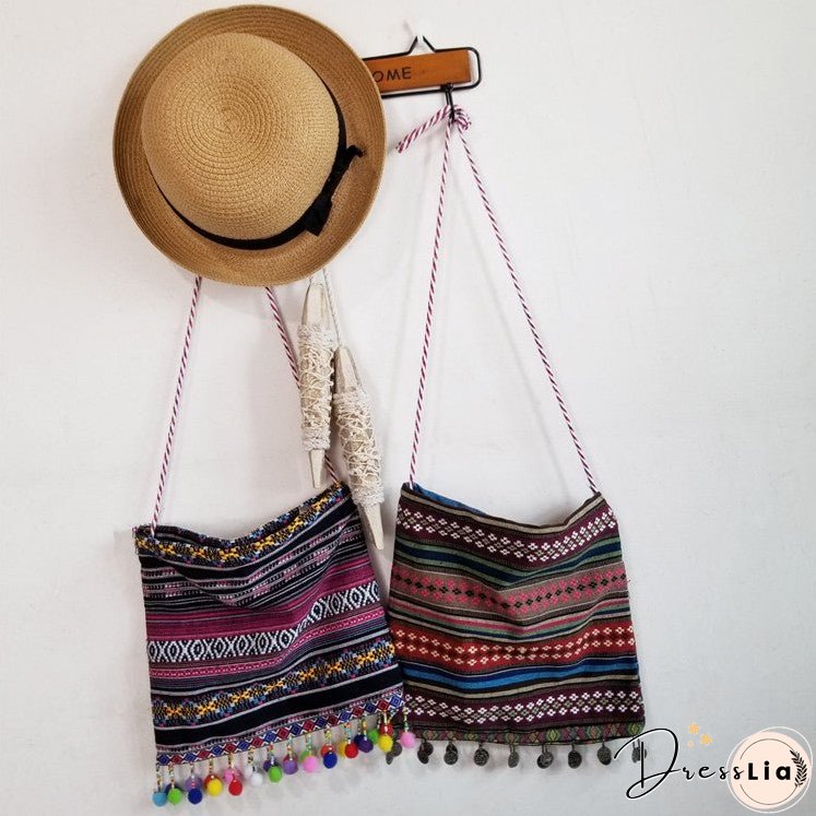 New Handmade Original Retro Storm Bohemian Canvas Bag Ethnic Style Fur Ball Tassel Crossbody Bag Shoulder Bag