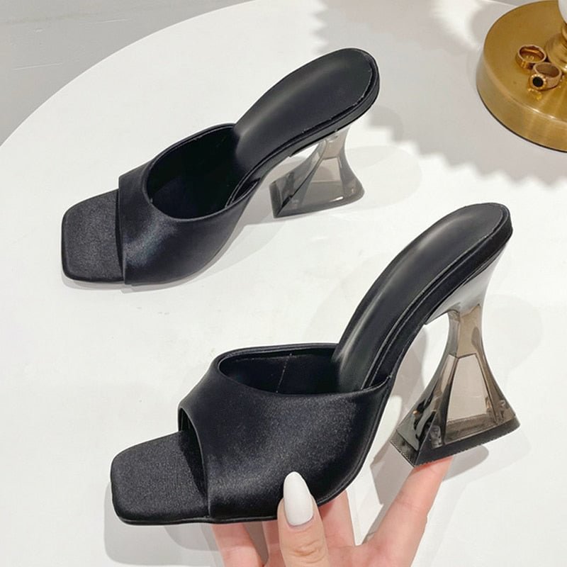 Summer Green Women's Shoes Slippers Silky Wide Band Transparent Strange High Heels Comfortable PU Leather Slides Sandals Pumps