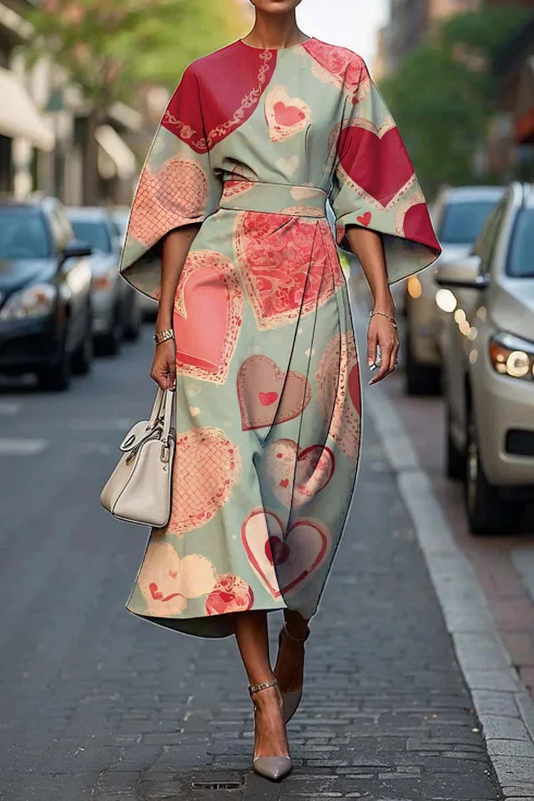 Women's Vintage Elegant Heart Print Midi Dress