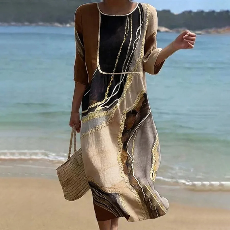 Comstylish Vintage Marble Pattern Art Pattern Linen Blend Loose Three-quarter Sleeve Dress