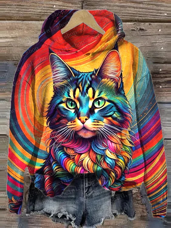 Women's Swirl Cat Print Loose Hooded Sweatshirt socialshop