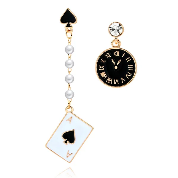 RAVINOUR Rock Dangle Earrings for Women Poker Card Alarm Clock Asymmetrical Statement Earring Long Created Pearl Fashion Jewelry