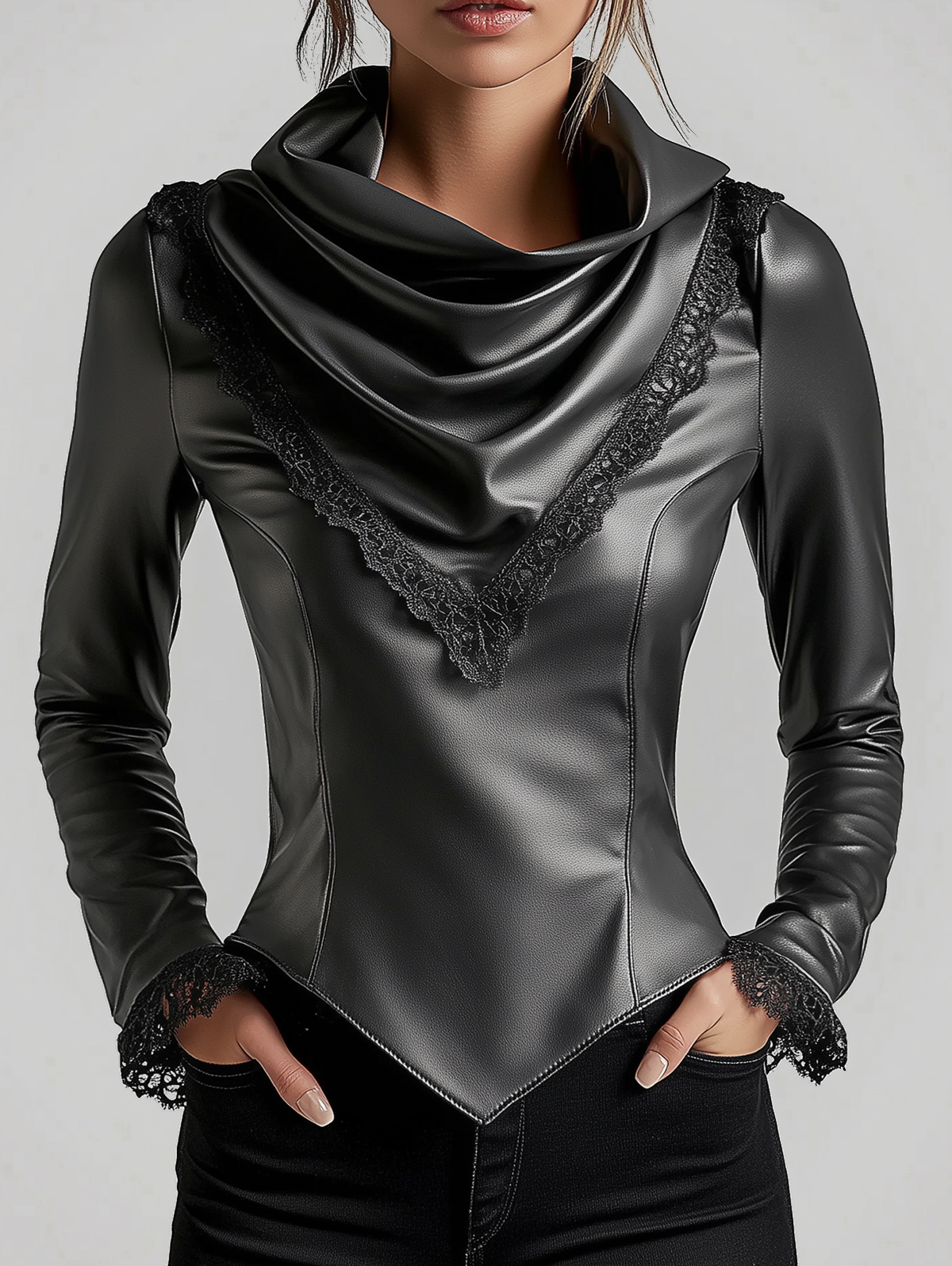 Ursime Cowl Neck Lace Trim Long Sleeve PU Leather Blouse