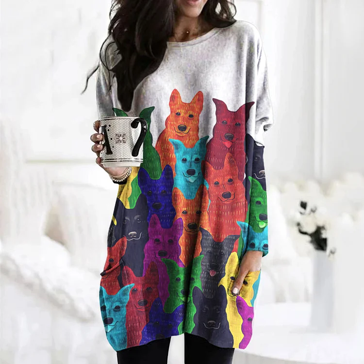 Wearshes Colorful Dog Print Crew Neck Casual Tunic