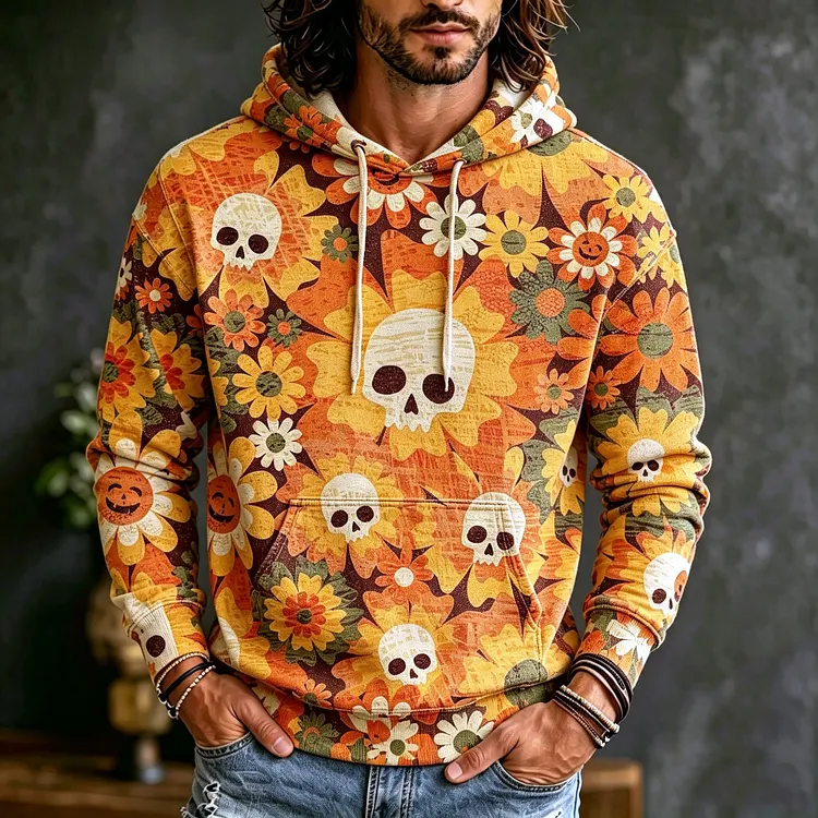 Men's Retro Halloween Style Skull Print Hoodie