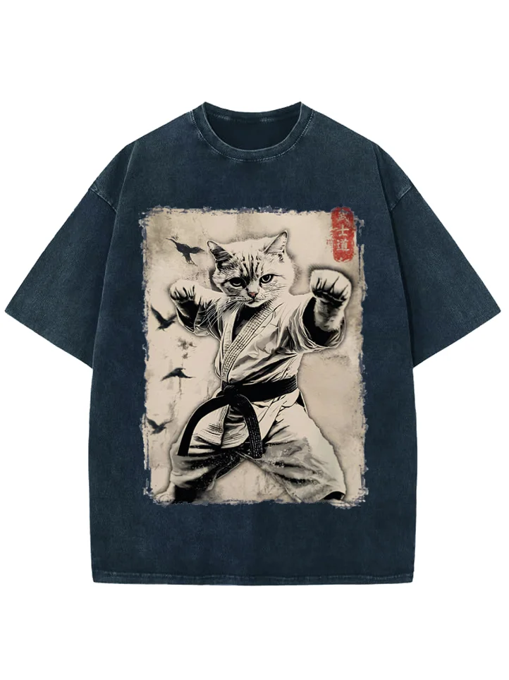 Men's Retro Japanese Bushido Cat Print Cotton Washed T-Shirt
