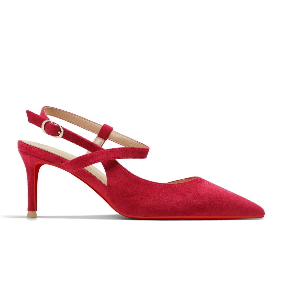 65mm Women Slingback Pumps Ankle Strap Red Bottom Stiletto Mid Heel Close Pointed Toe Daily Summer Suede Sandals-MERUMOTE