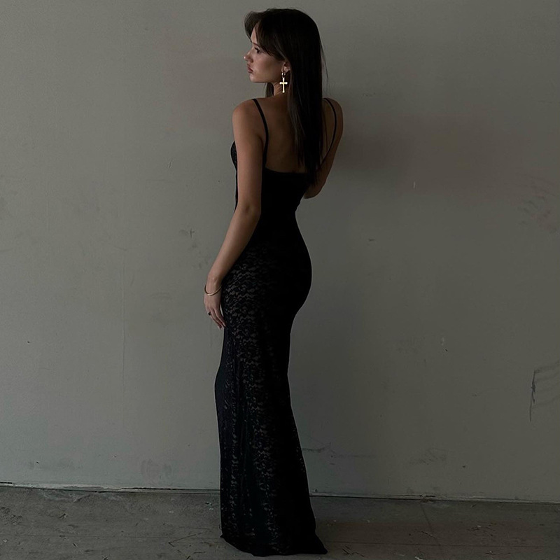 Ootddress Lace Hollow Out Backless Maxi Dress Slim V-Neck See-Through High Street Summer Elegant Party Dress Fashion Slim Dress 2025