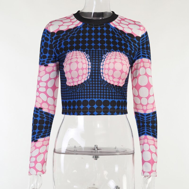 Hugcitar 2021 Women Autumn Long Sleeve 3D Printed Slim Fashion T Shirt Crop Tops Fall Female Clothing Streetwear