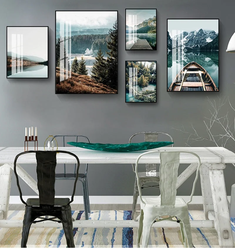 Scandinavian Nature Landscape Wall Art Poster Mountain Lake Boat Print Nordic Painting Decorative Picture Modern Home Decorati