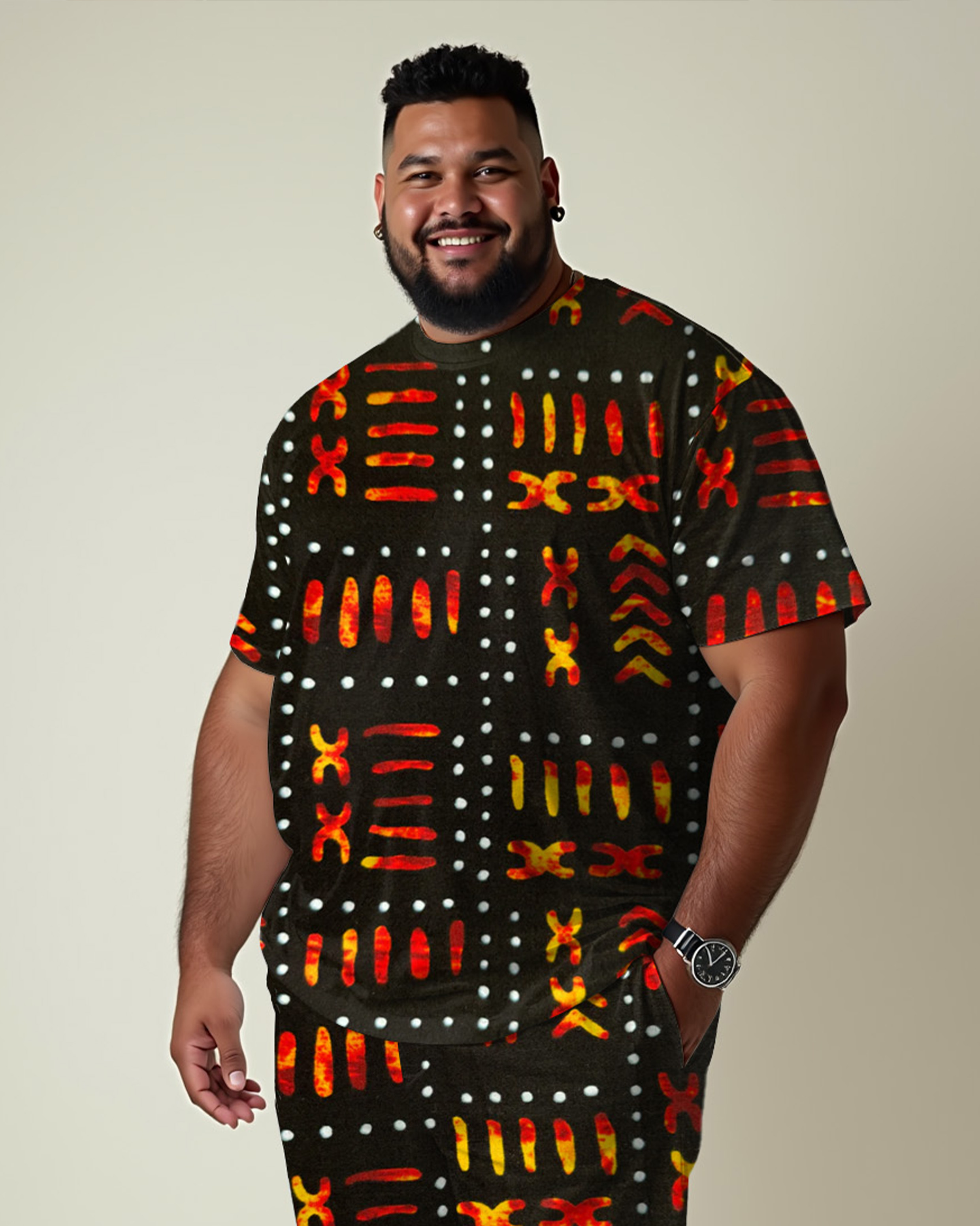 Traditional Culture Color Print T-Shirt Shorts Suit Men's Plus Size