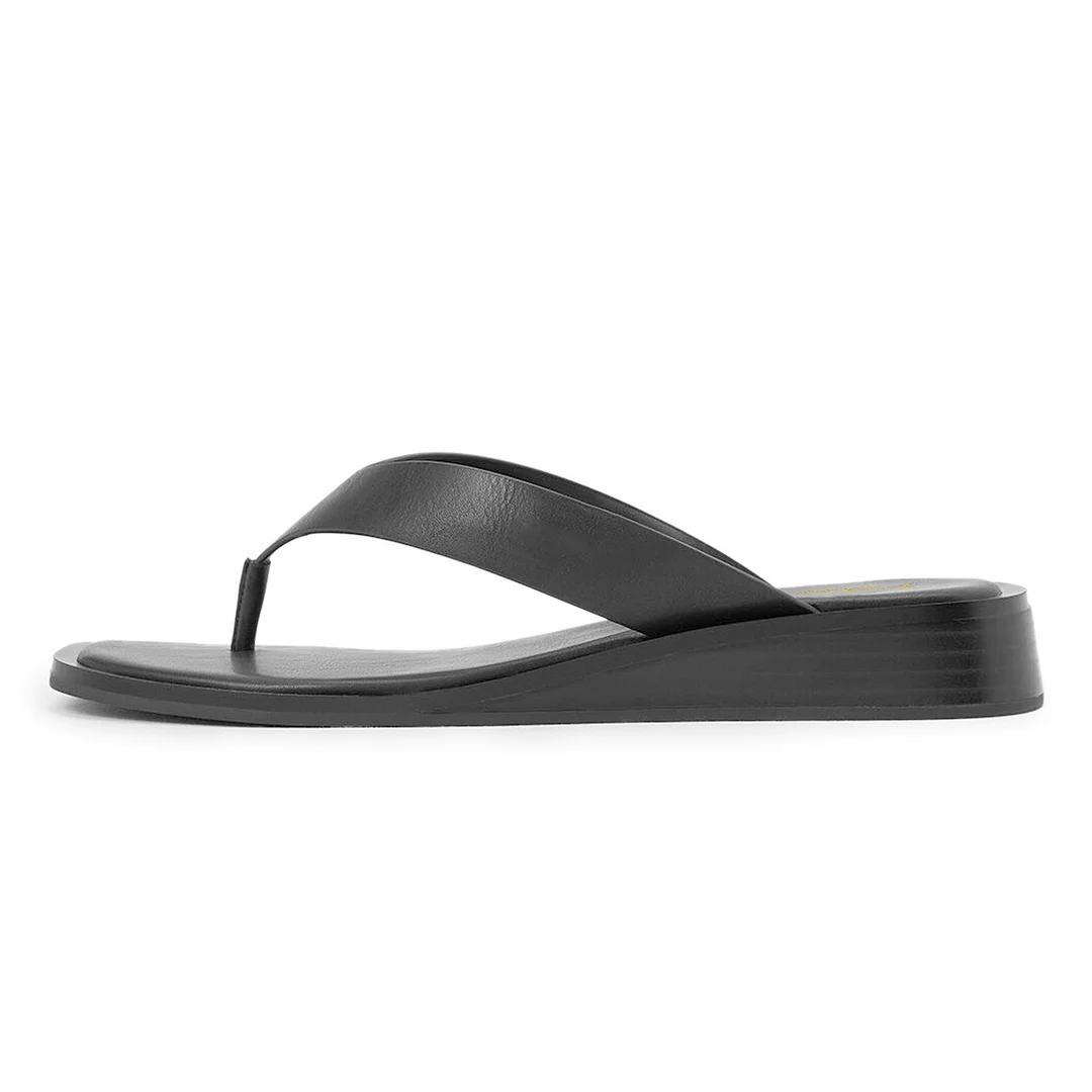 Black Vegan Leather Open Square Toe Flat Casual Flip Flops for Women