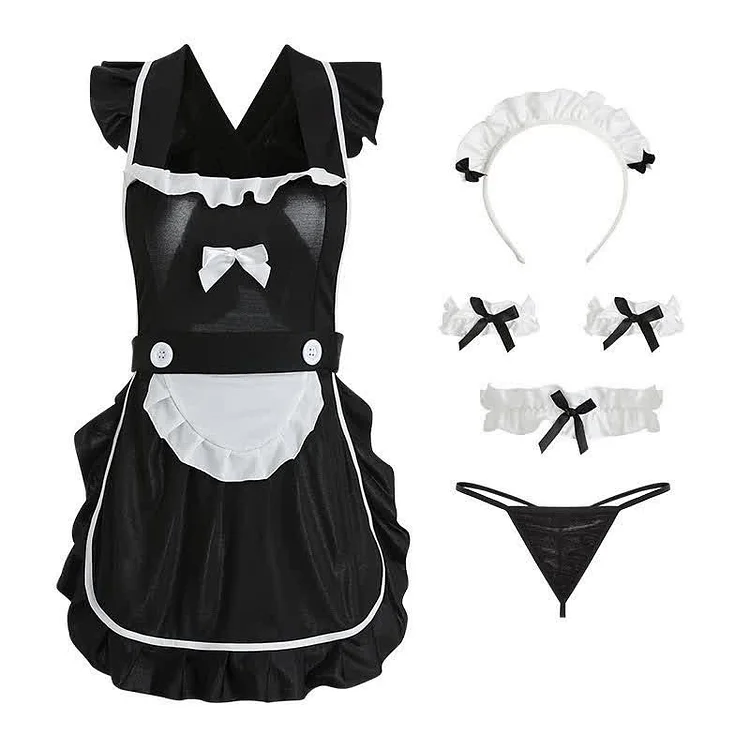 Sexy Lace Up Ruffled Slip Dress Lingerie Lace Stockings Set - Modakawa Modakawa