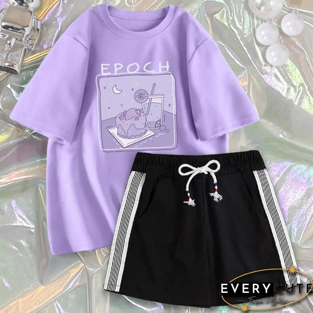 Cartoon Print Casual T-Shirt Shorts Set