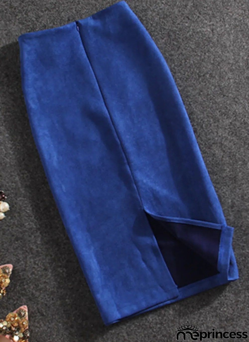 Winter Blue Velour Back Slit High Waist Pencil Skirt
