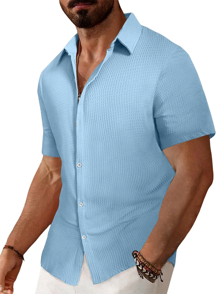 Men's Summer Jacquard Waffle Solid Color Casual Short Sleeve Shirt
