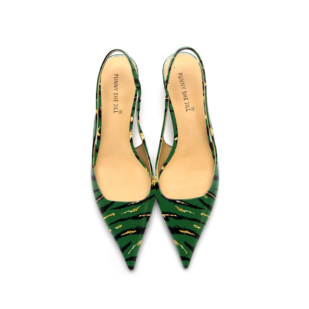 Green Leopard Print Patent Leather Pointed Toe Elegant Kitten Heel Slingback Dress Pump Shoes