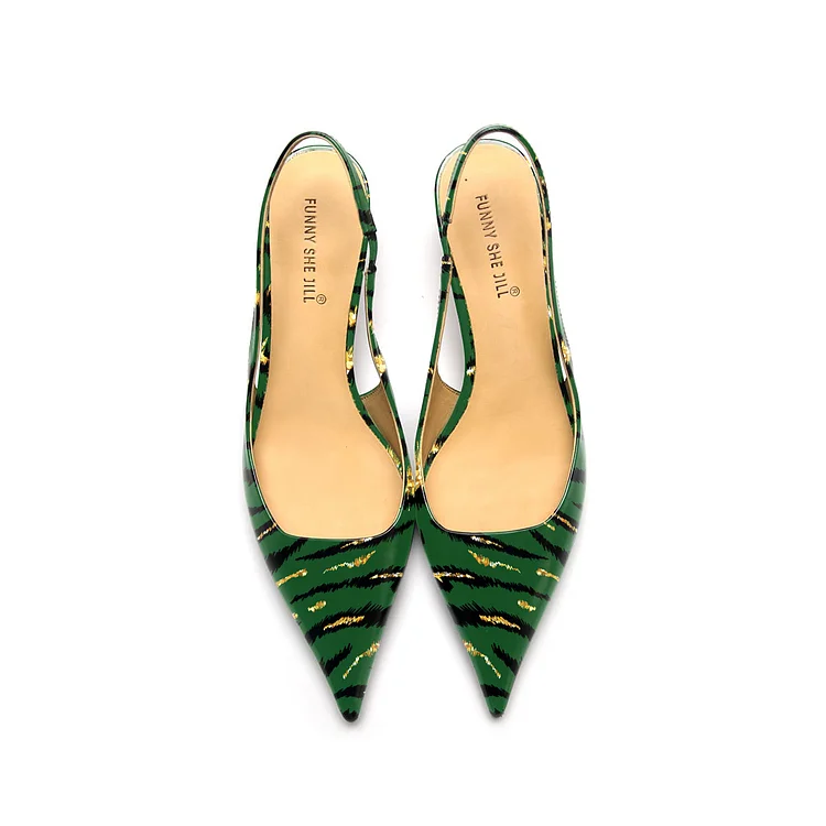 Green Leopard Print Patent Leather Kitten Heel Slingback Dress Shoes Vdcoo