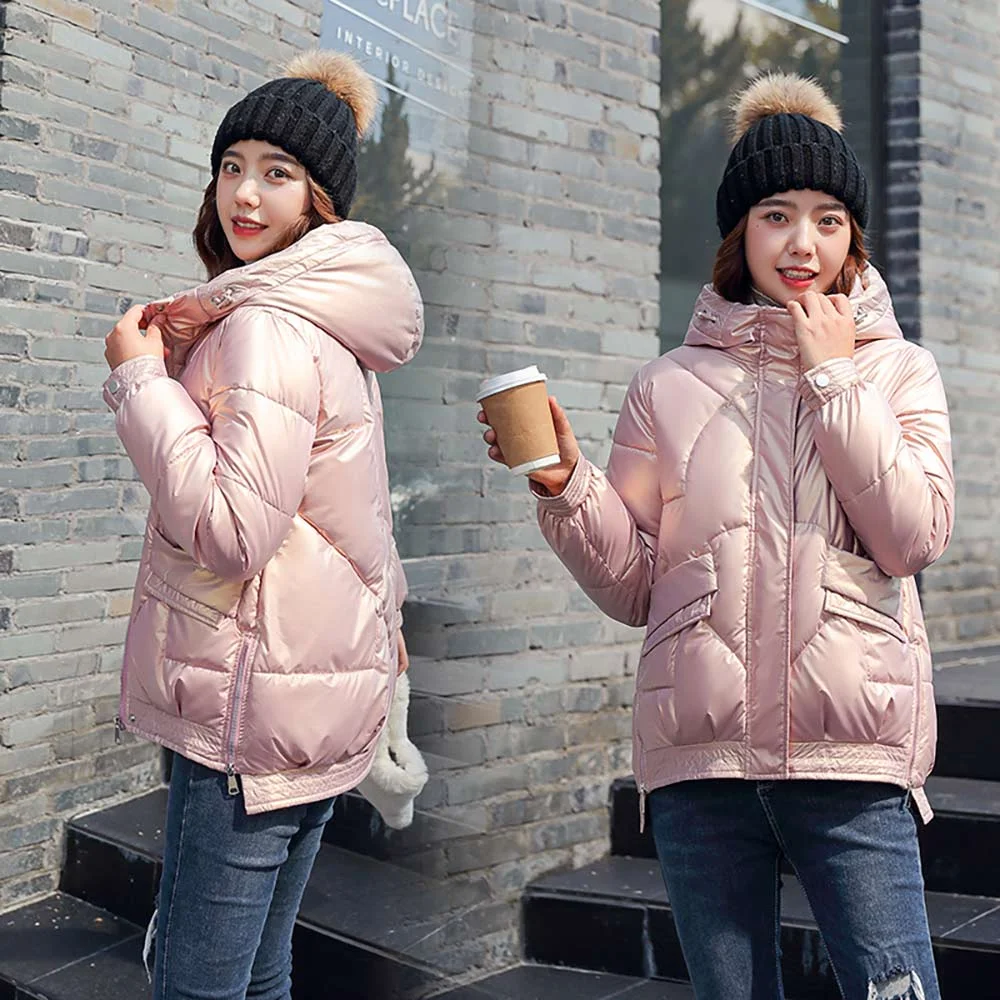 Brownm Short Style Cotton Padded Winter Jacket Women Casual Stand Collar Parkas Winter Coats Female Fashion Shiny Outwear