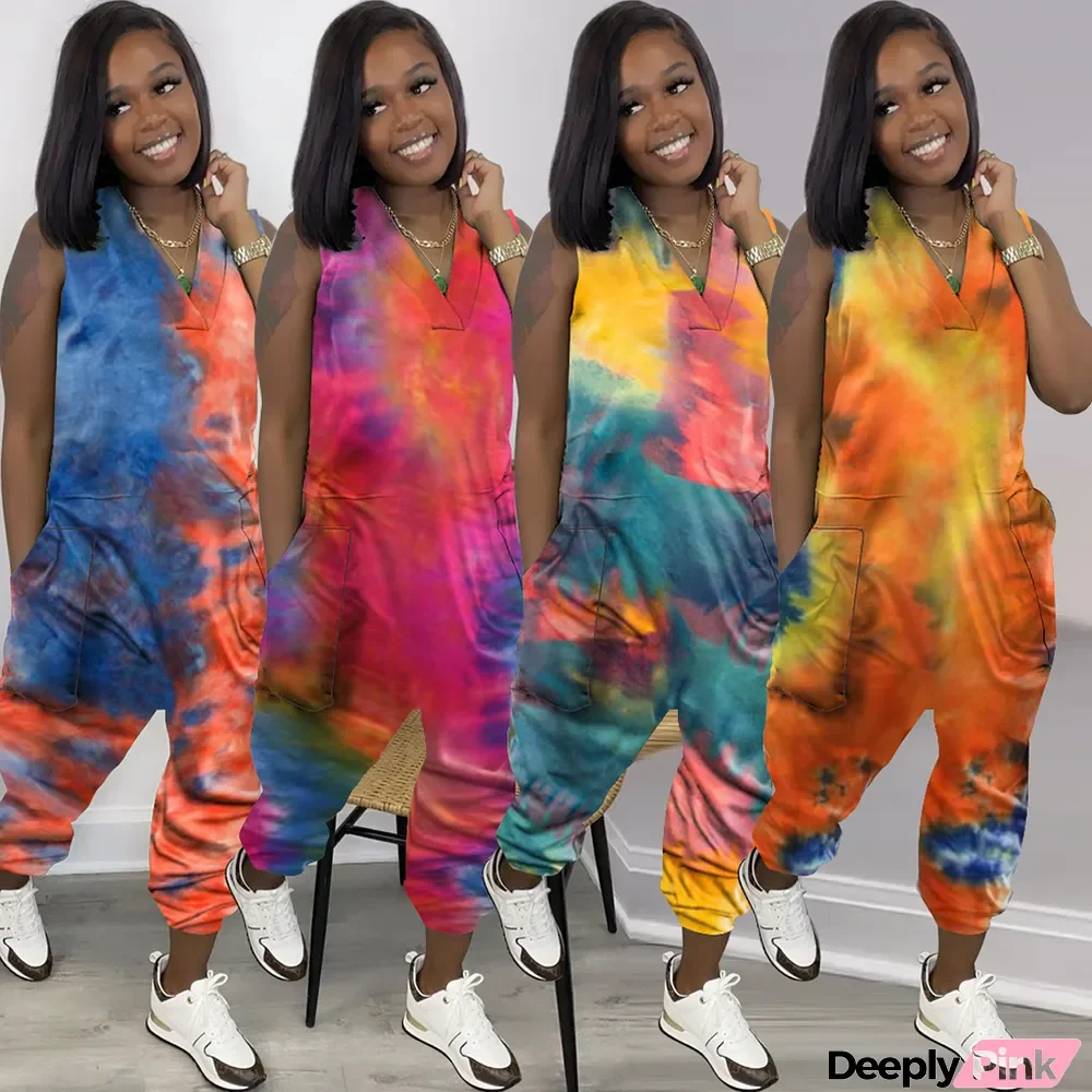 Tie Dye Fashion Casual Street Zip Plus Size Jumpsuit