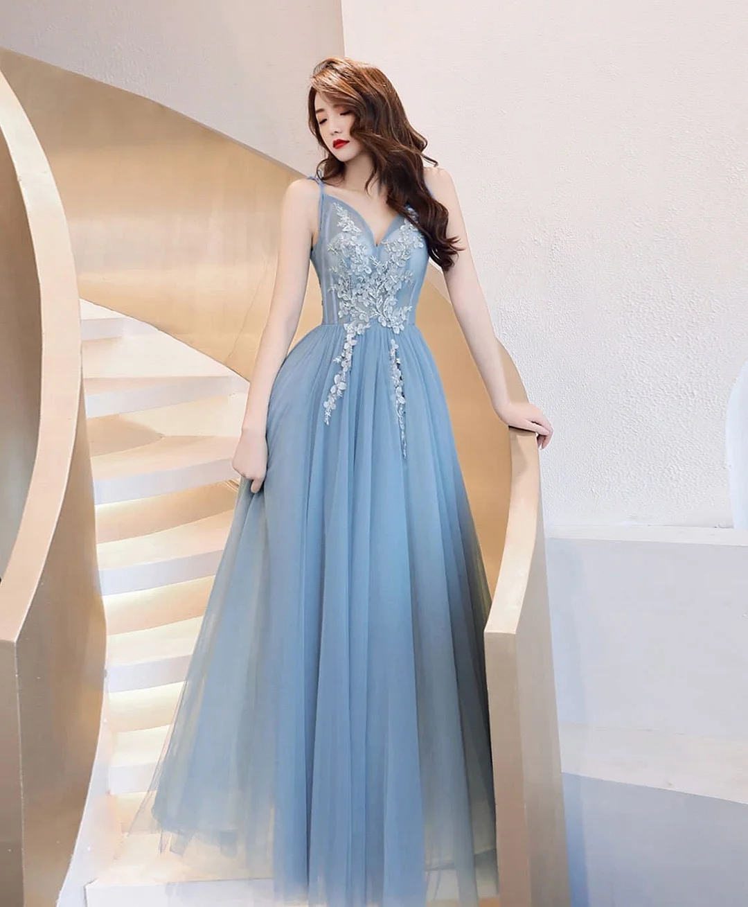 Blue V Neck Tulle Lace Long Prom Dress Blue Tulle Formal Dress