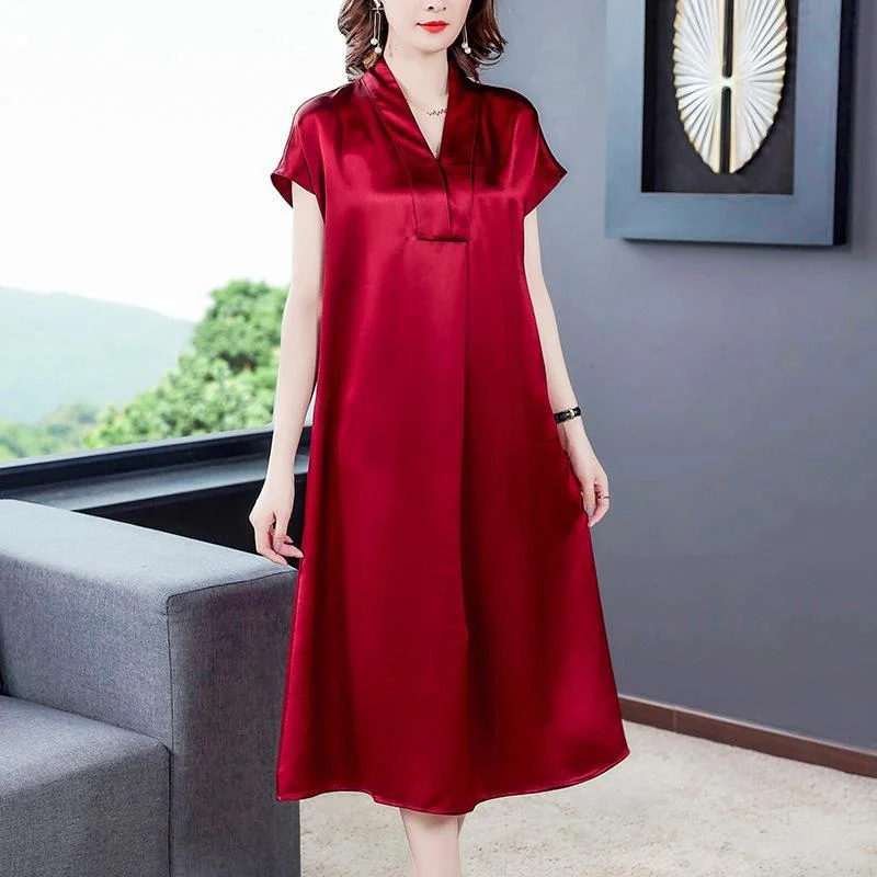 Temperament v-neck acetate satin dress