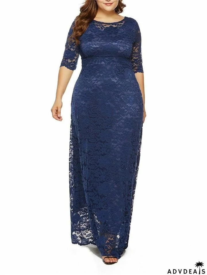 Women's Elegant Plus Size Floral Lace Maxi Pocket Dress for Evening Party