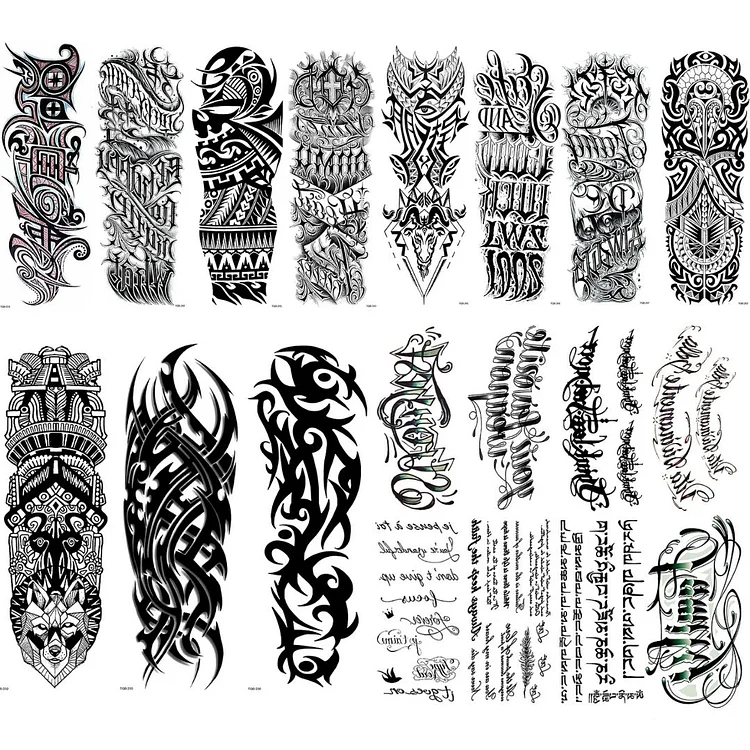 19 Sheets Full Arm & Half Arm Letters Tribal Temporary Tattoo Combo