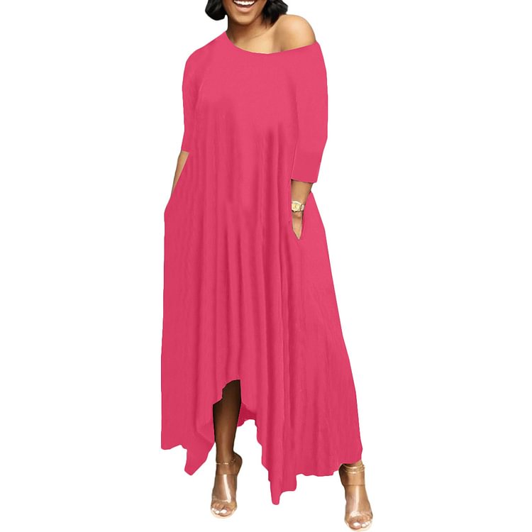 Women Party Elegant One Shoulder Solid Color Pleated Dresses Long Sleeve Baggy Long Maxi Vestido Plus Size - BlackFridayBuys