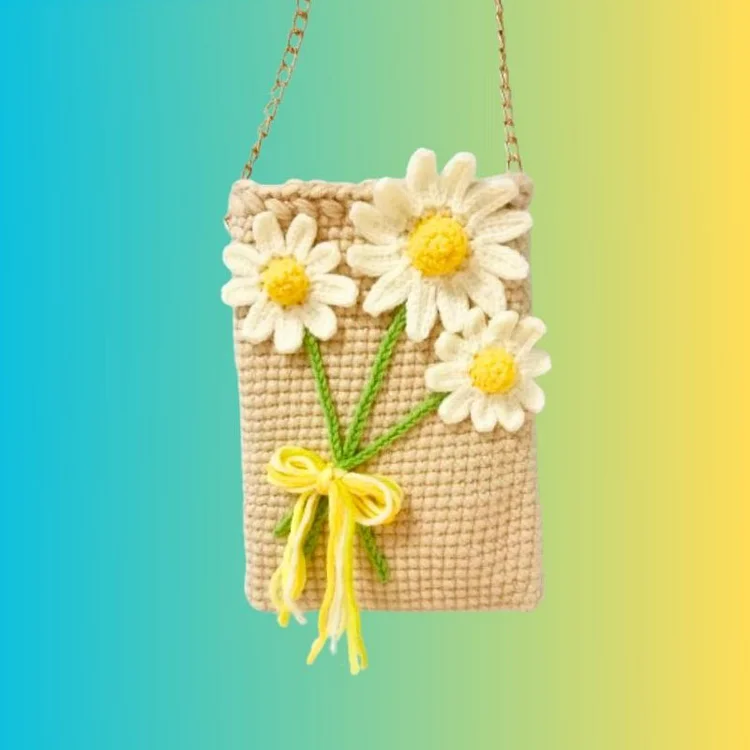 Lulusnow Handmade Beige Daisies Crochet Phone Bag/Crochet Crossbody Bag