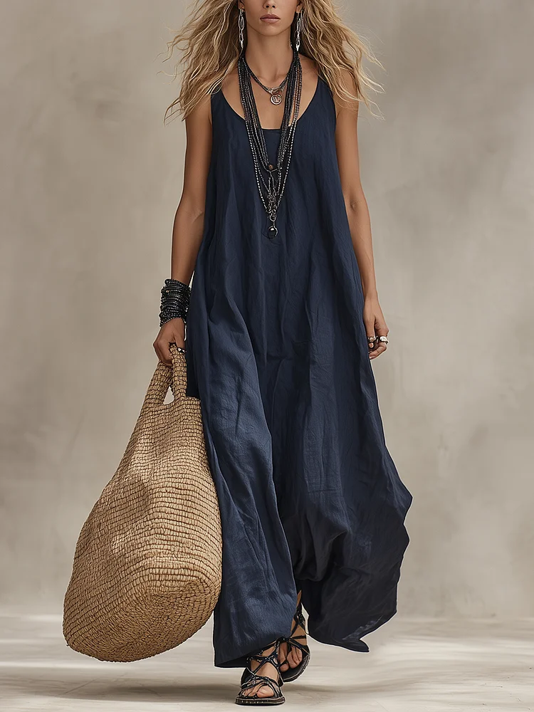 Midnight Navy Flowy Bohemian Maxi Dress