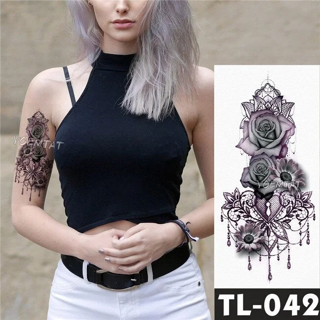 Fake Temporary Tattoos Stickers Dark Rose Flowers Arm Shoulder Tattoo Waterproof Women Flash Tattoo On Body Art