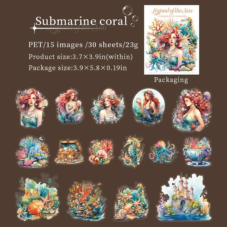 Journalsay 30 sheets of Ocean Legend series retro mermaid landscaping PET stickers