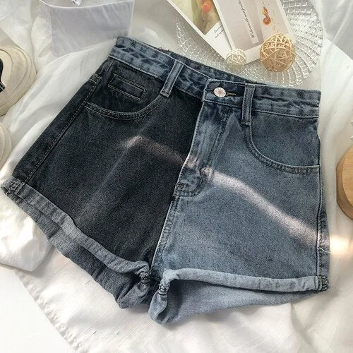 FTLZZ Summer New Women Splicing Denim Shorts Lady Slim Elastic Cuffs Wide Leg Pants Fashion High Waist Comfortable A-line Shorts