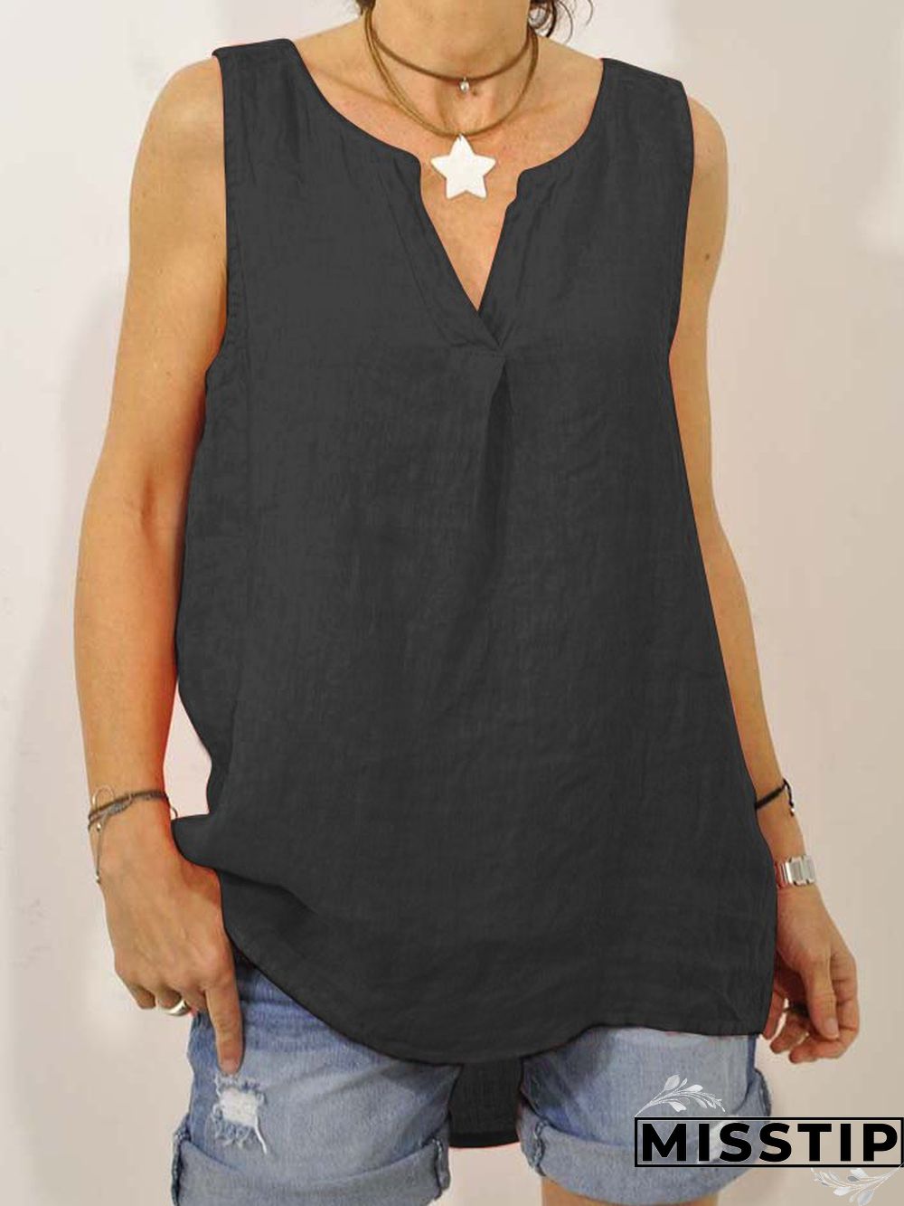 Plus Size Casual Sleeveless V Neck Solid Tops