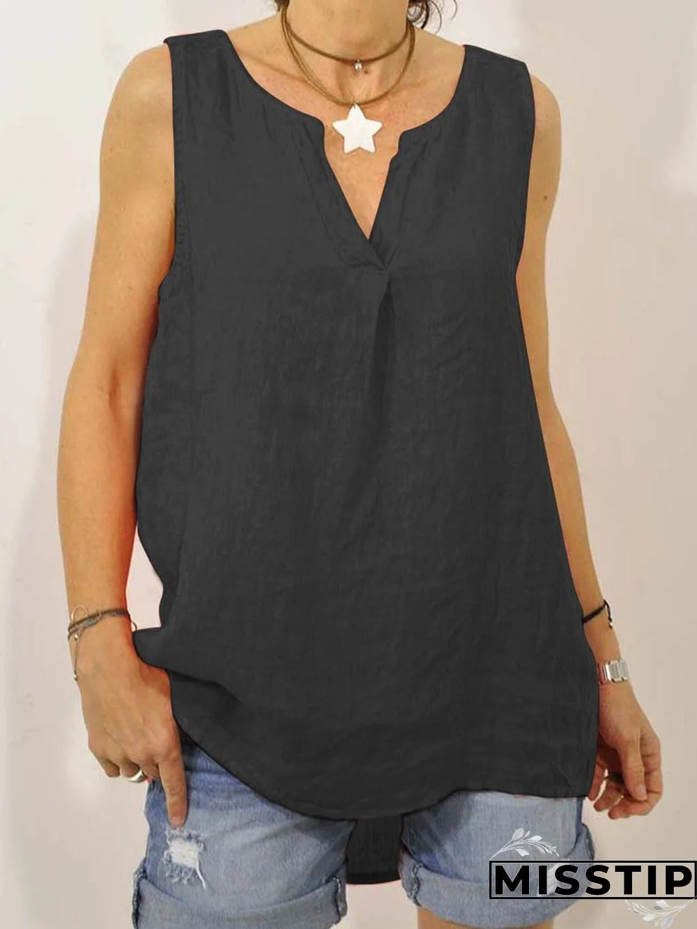 Plus Size Casual Sleeveless V Neck Solid Tops