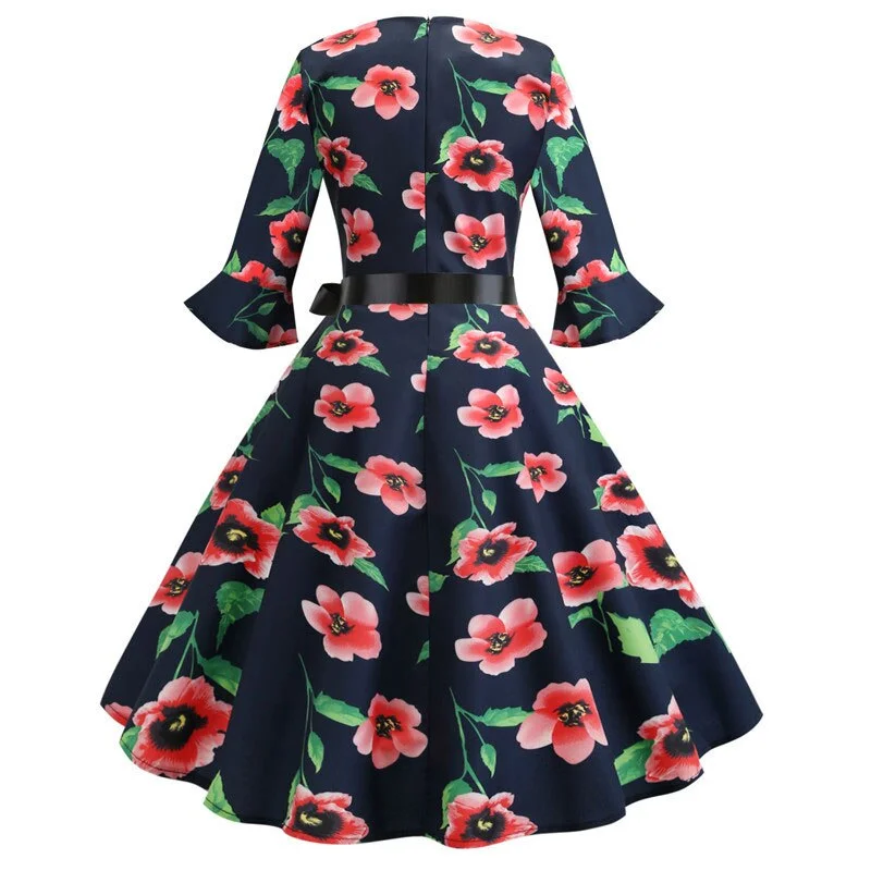 Floral Print Vintage Dress Christmas Dress Women Winter Elegant Party Dresses  Petal Sleeve Casual Midi Dress