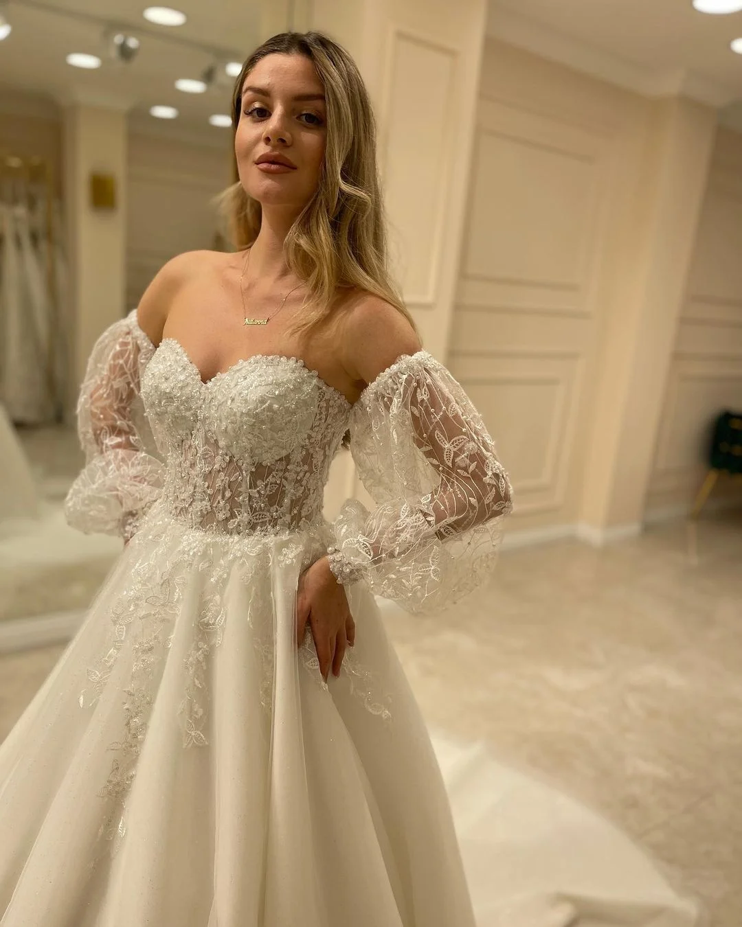Miabel Glamorous Backless Sweetheart Long Sleeve Train Wedding Dress With Appliques Lace A-Line