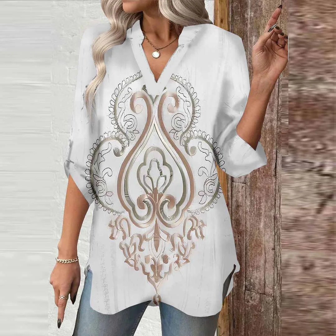 Women Bohemian, Retro, Off-White DZGA0450 3/4 Sleeve V-neck Printed Graphic Button Tops