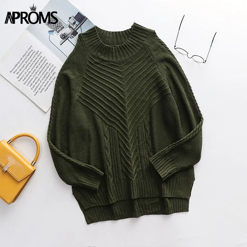 Aproms Elegant Cold Shoulder Knitted Loose Sweaters Women 2021 Autumn Winter Side Split Pullovers Streetwear Fashion Jumpers Top