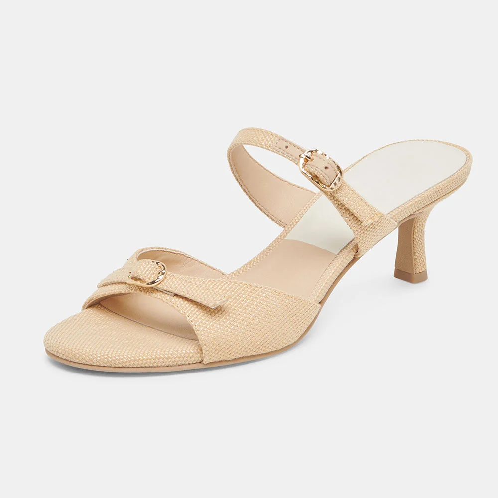Beige Woven Raffia Open-Toe Buckle Kitten Heel Slide Sandals
