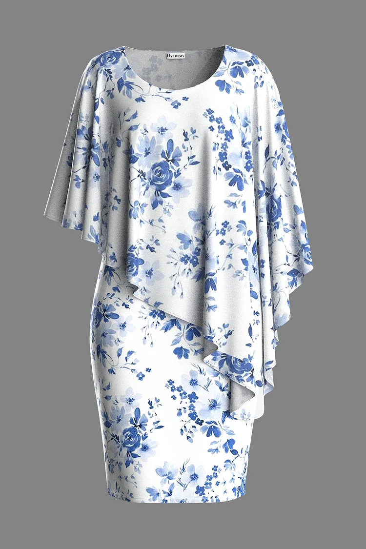 Flycurvy Plus Size Formal Light Blue Cape Sleeve Floral Print Bodycon Fake Two Piece Midi Dres  Flycurvy [product_label]