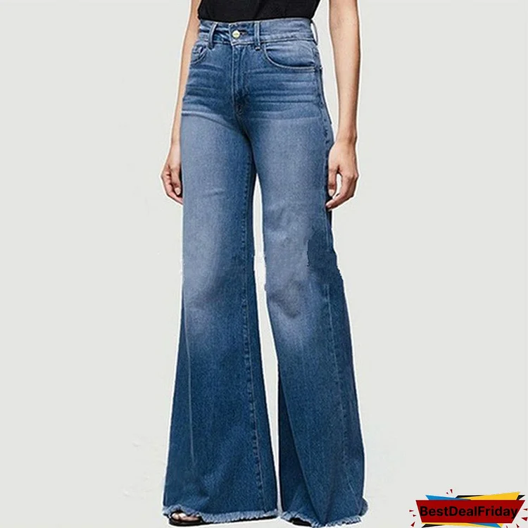 Trendy Plus Size Women Fashion High Waist Wide Leg Jeans Flared Bell Bottom Denim Pants