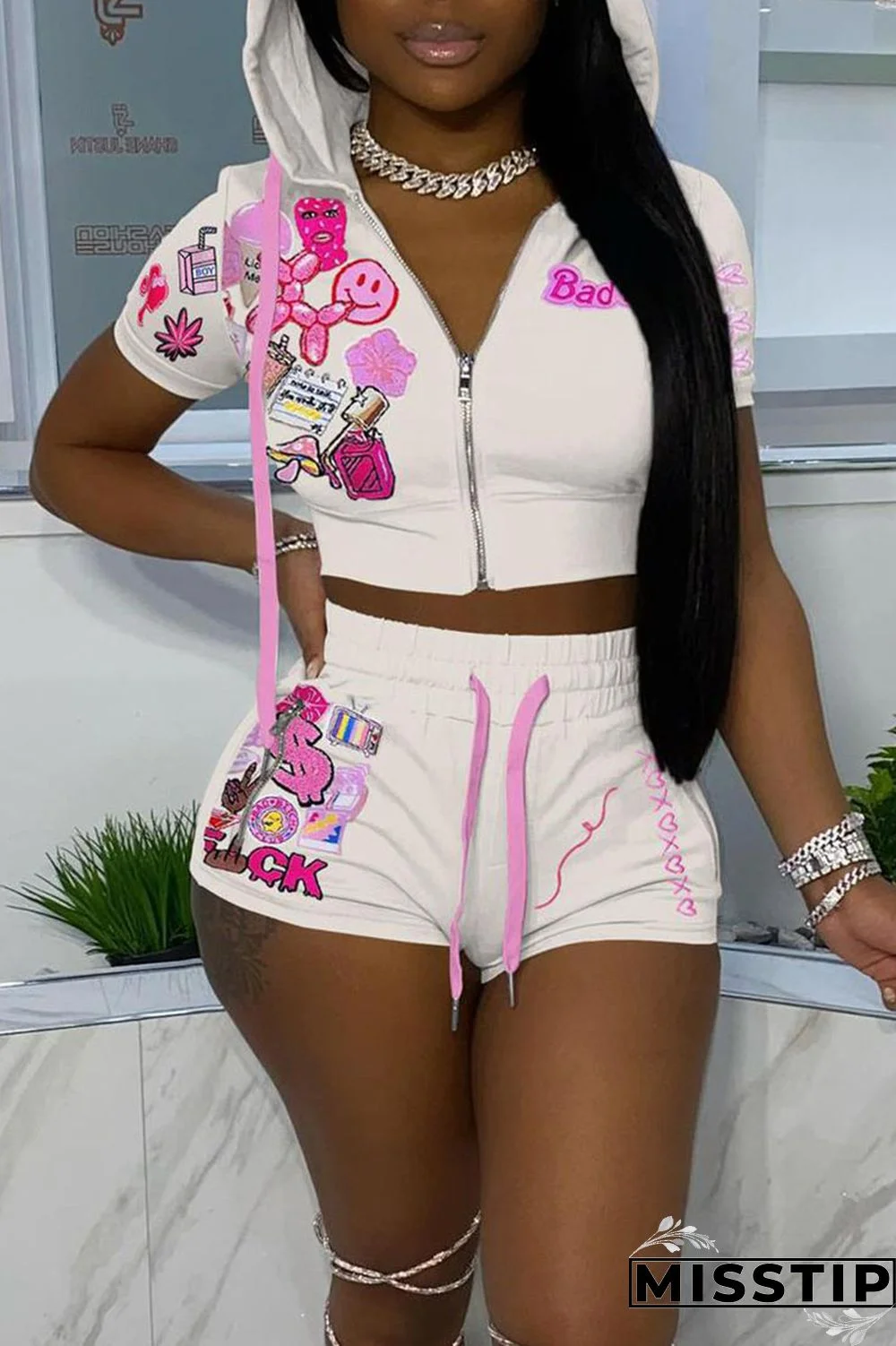 Green Casual Street Print Patchwork Zipper Hooded Collar Short Sleeve Two Pieces