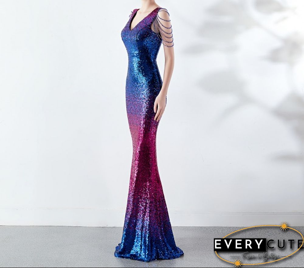 6 Colors Sexy Sequined Evening Party Gowns Women's Deep V Neck Floor-length Cocktail Dress Slim Mermaid Prom Dresses