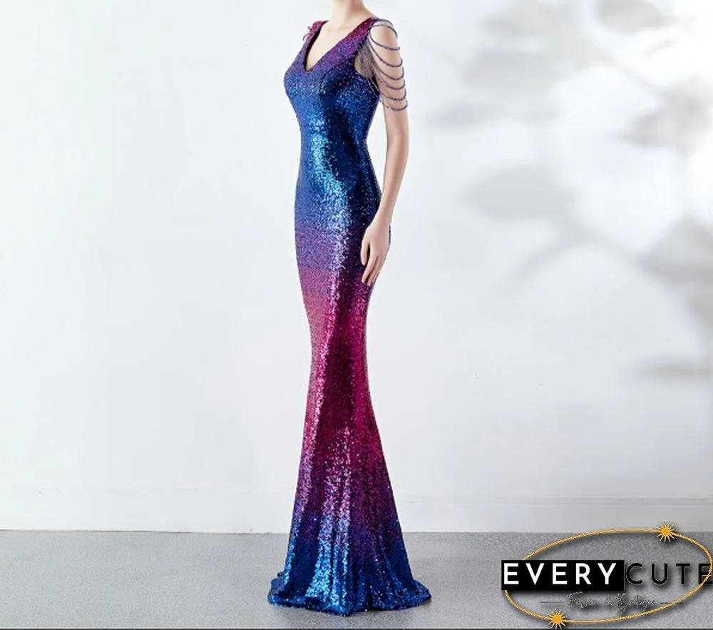 6 Colors Sexy Sequined Evening Party Gowns Women's Deep V Neck Floor-length Cocktail Dress Slim Mermaid Prom Dresses